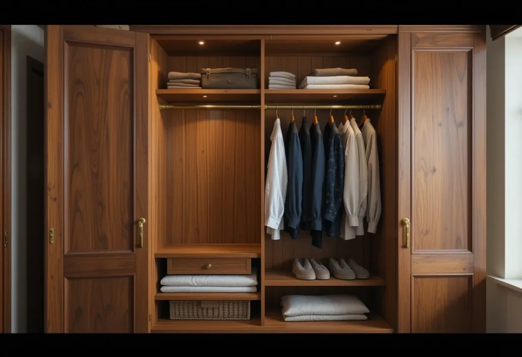 Open cedar-lined wooden wardrobe showcasing folded cloOpen cedar-lined wooden wardrobe showcasing folded cloOpen cedar-lined wooden wardrobe showcasing folded clothes and elegant brass handles.thes and elegant brass handles.thes and elegant brass handles.