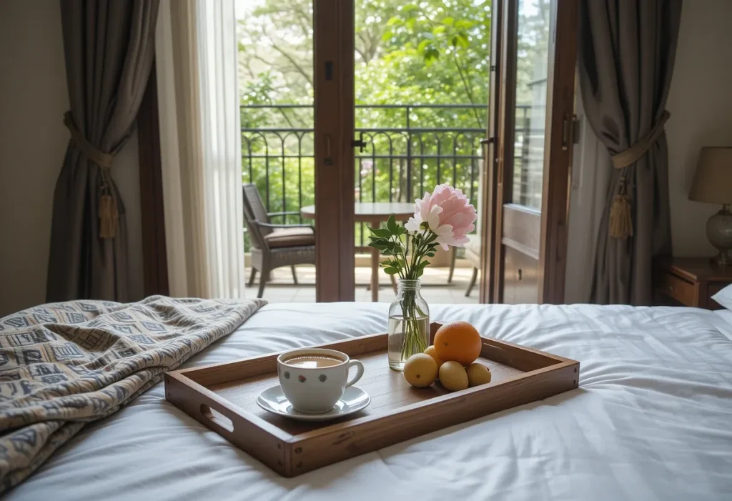 Bed with a wooden tray holding breakfast, coffee, and flowers, with the balcony visible in the background.