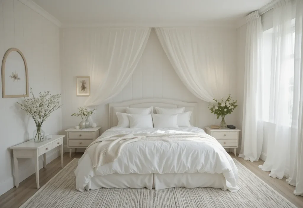 Ethereal white bedroom with fluffy bedding, sheer curtains, and soft monochrome textures.