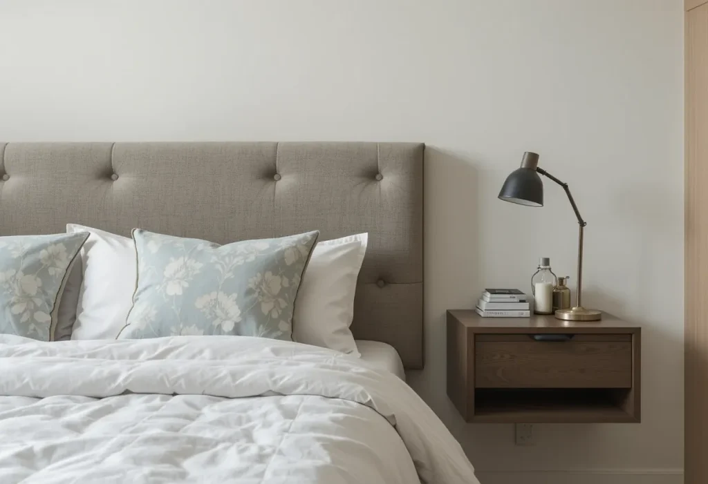 Floating nightstand with lamp and small drawer in a space-conscious layout.