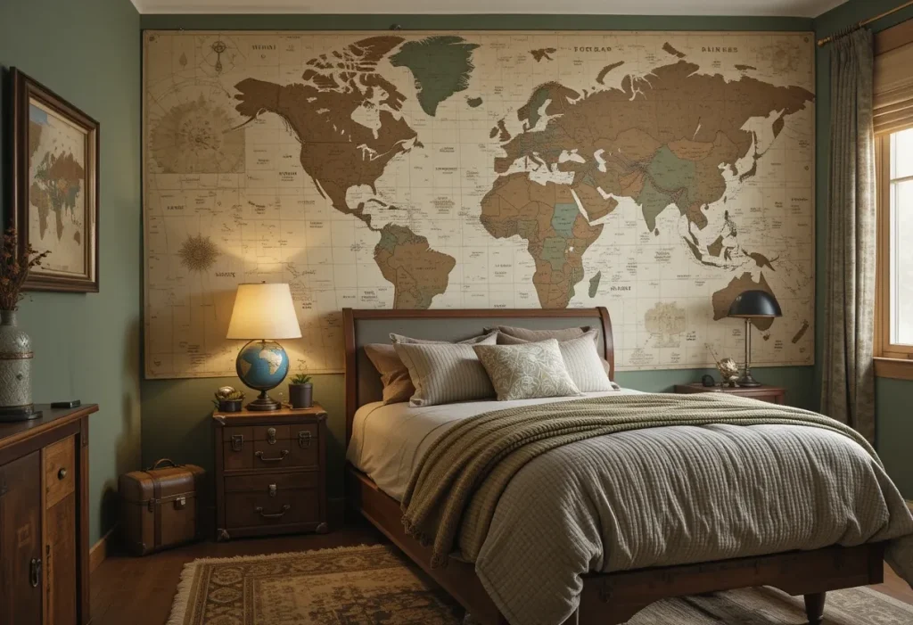 Travel-themed boys’ room with world map wallpaper, globe lamp, and vintage suitcases.