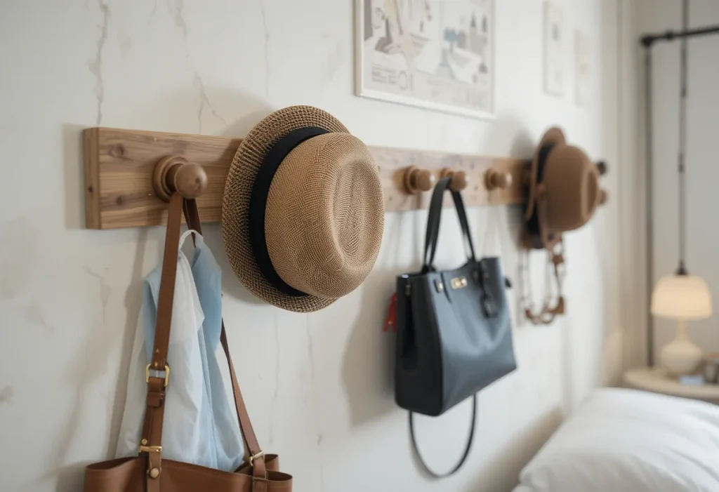 Wall hooks holding accessories and bags for vertical storage.