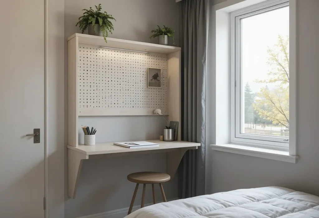 A small, wall-mounted fold-down desk with a pegboard for supplies and a stool tucked underneath.