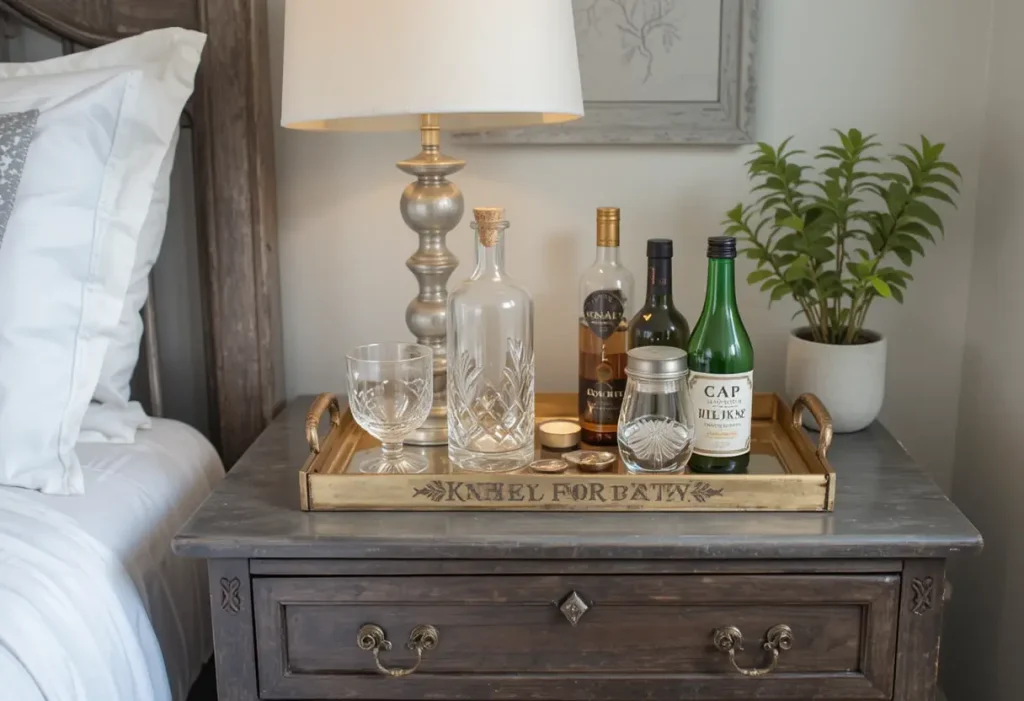 "Bedroom dresser with a mini bar tray holding glasses, bottles, and a decorative accent."