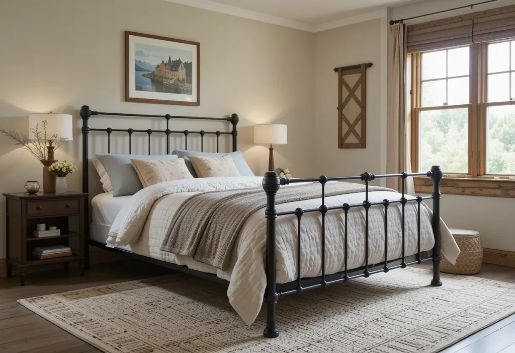 Farmhouse bed layered with a patchwork quilt and soft neutral blankets.