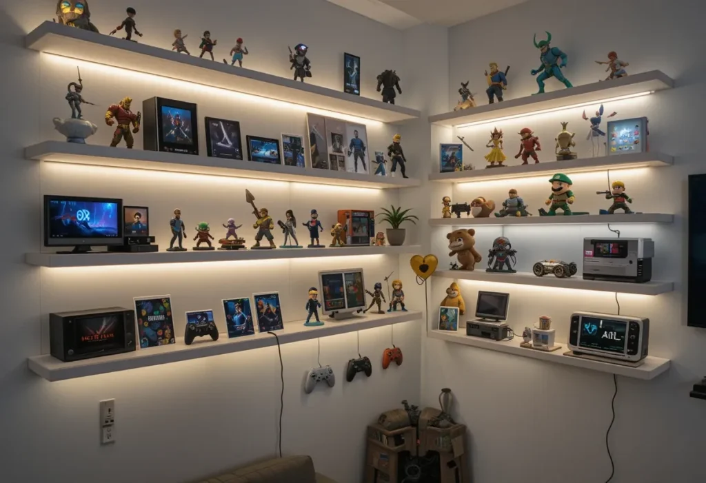 Floating wall shelves displaying gaming figurines and merch, framed by subtle LED accent lighting.