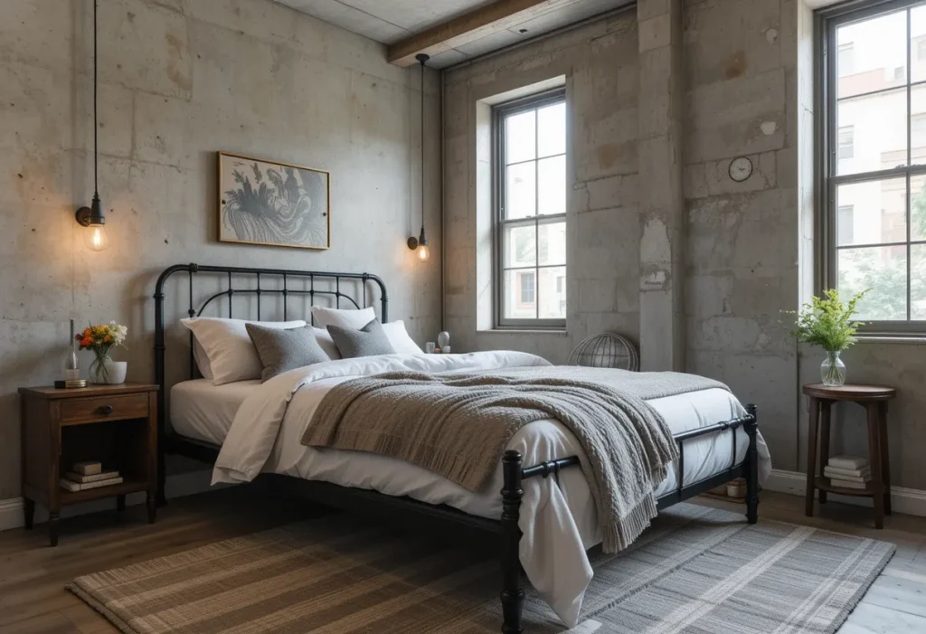 Industrial-style room with exposed bulb lighting, metal bed frame, and concrete-inspired decor.