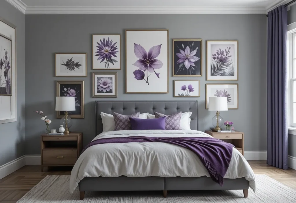 Modern bedroom with a grey-toned gallery wall and purple-themed framed artwork.