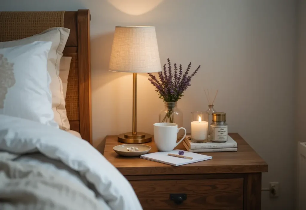 "Bedroom nightstand with soft lamp lighting, books, candle, and essentials creating a peaceful bedtime setup."