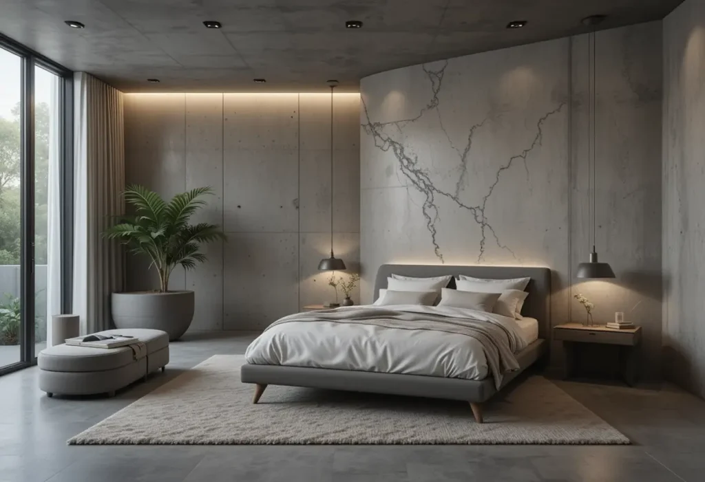 "Modern bedroom with concrete design and sleek minimalist furnishings"