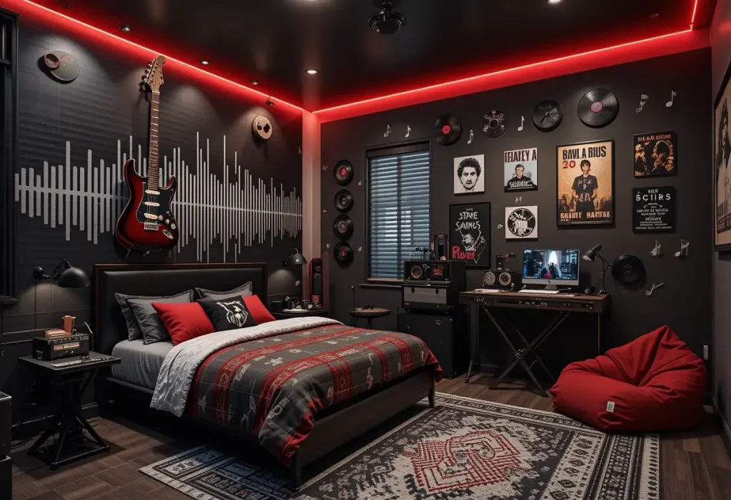 "Music-themed boys’ bedroom with guitar wall decor, drum set, soundwave mural, and rock-inspired styling."