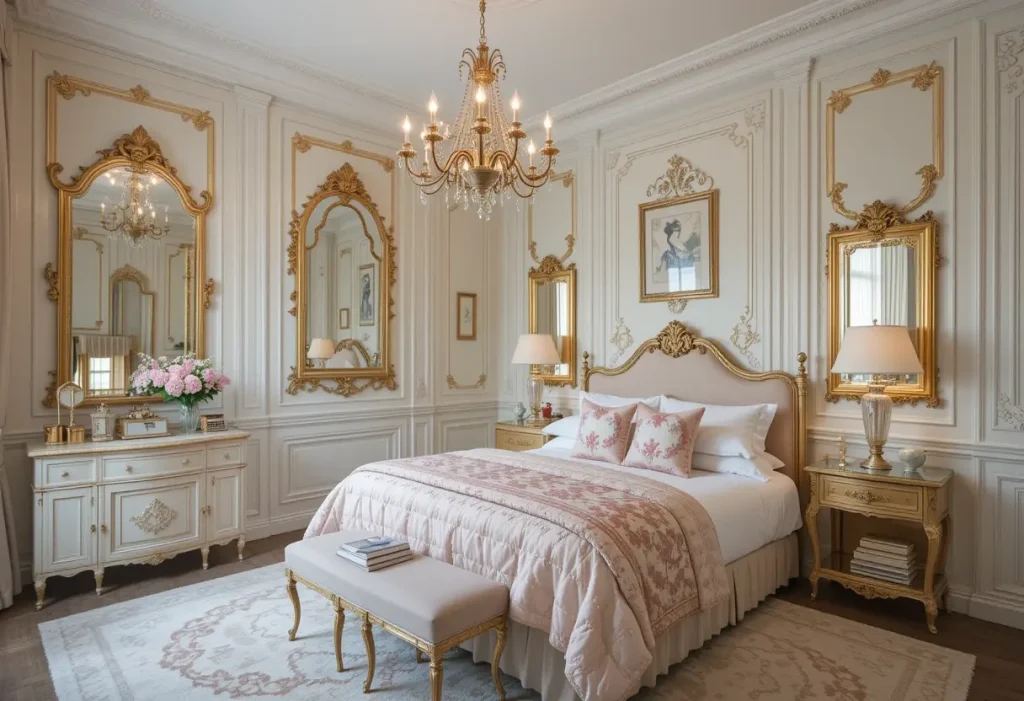 "Chic guest room with Parisian-inspired decor, gold mirrors, vintage details, and soft pastel tones."