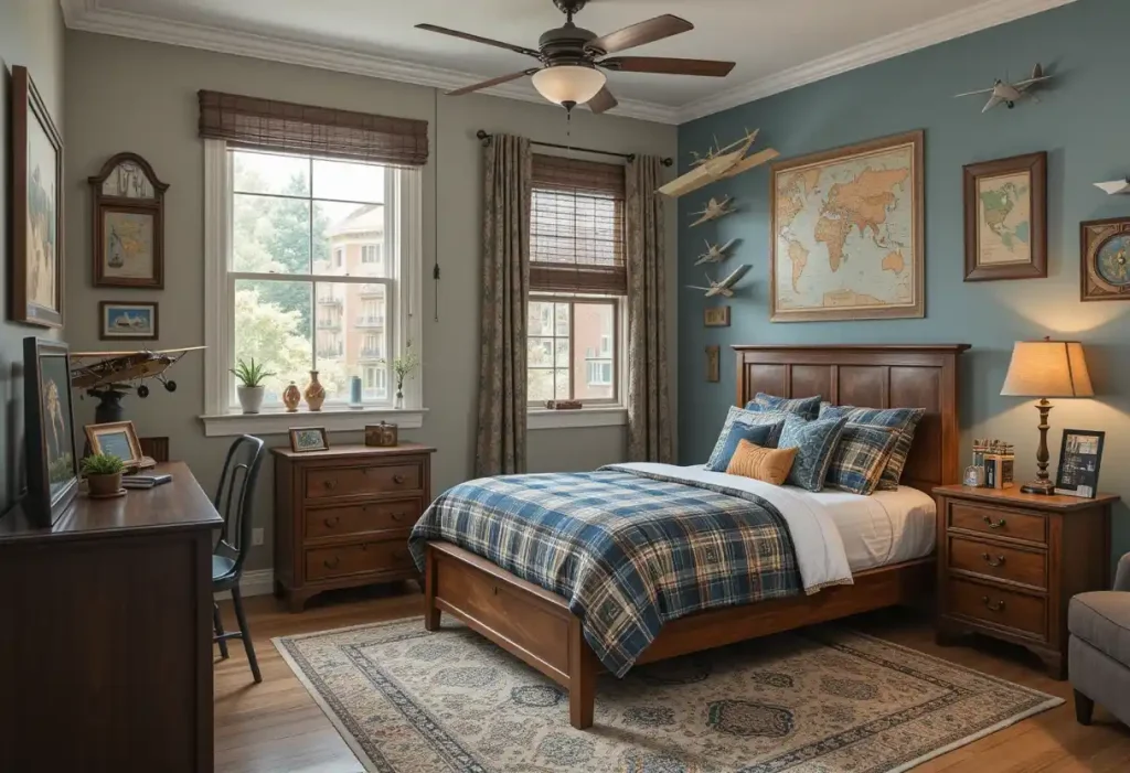 A flight-inspired room featuring blueprints, model airplanes, and retro luggage storage.