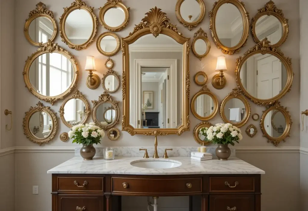 Small vanity table with multiple antique mirrors arranged gallery-style above it.