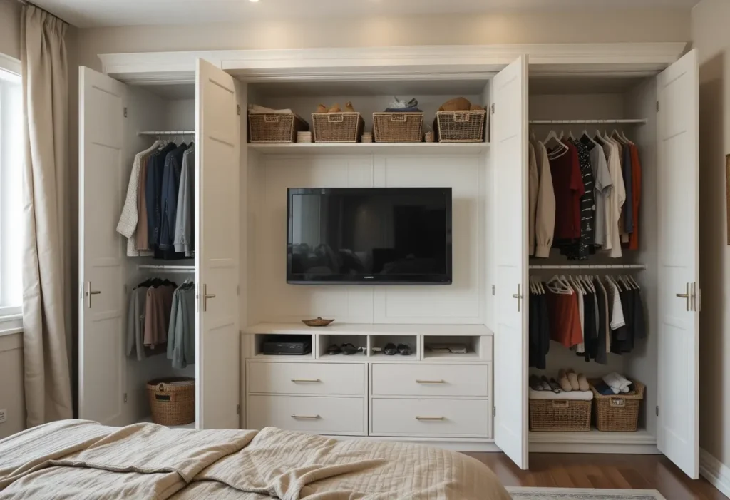 TV mounted inside a wardrobe with open doors in a compact brown bedroom.
