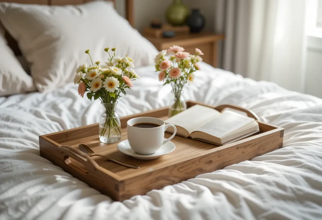 Wooden breakfast tray on a bed with coffee, flowers, and a book under soft morning light.