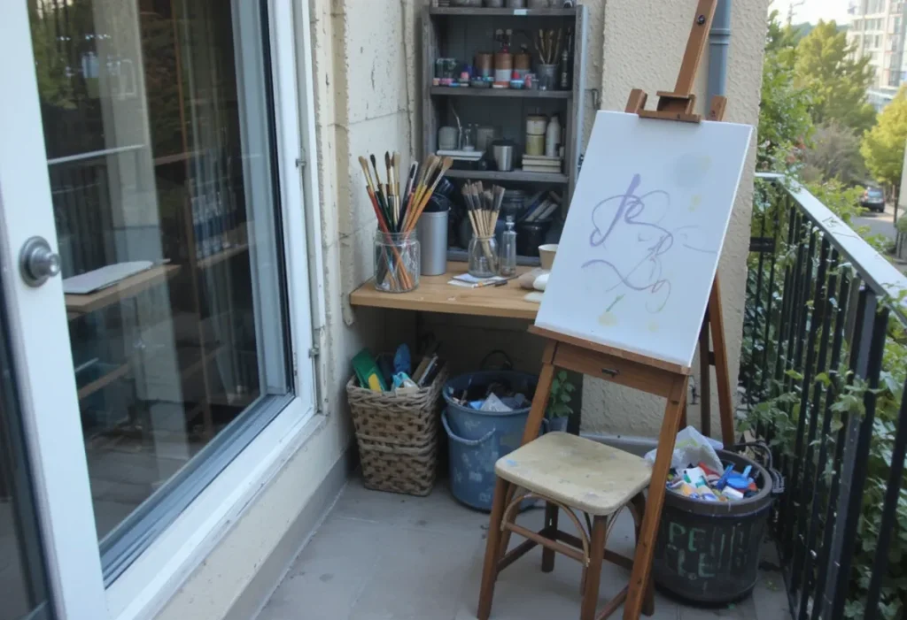 Small balcony transformed into an art studio with a foldable easel, art supplies, and a stool.