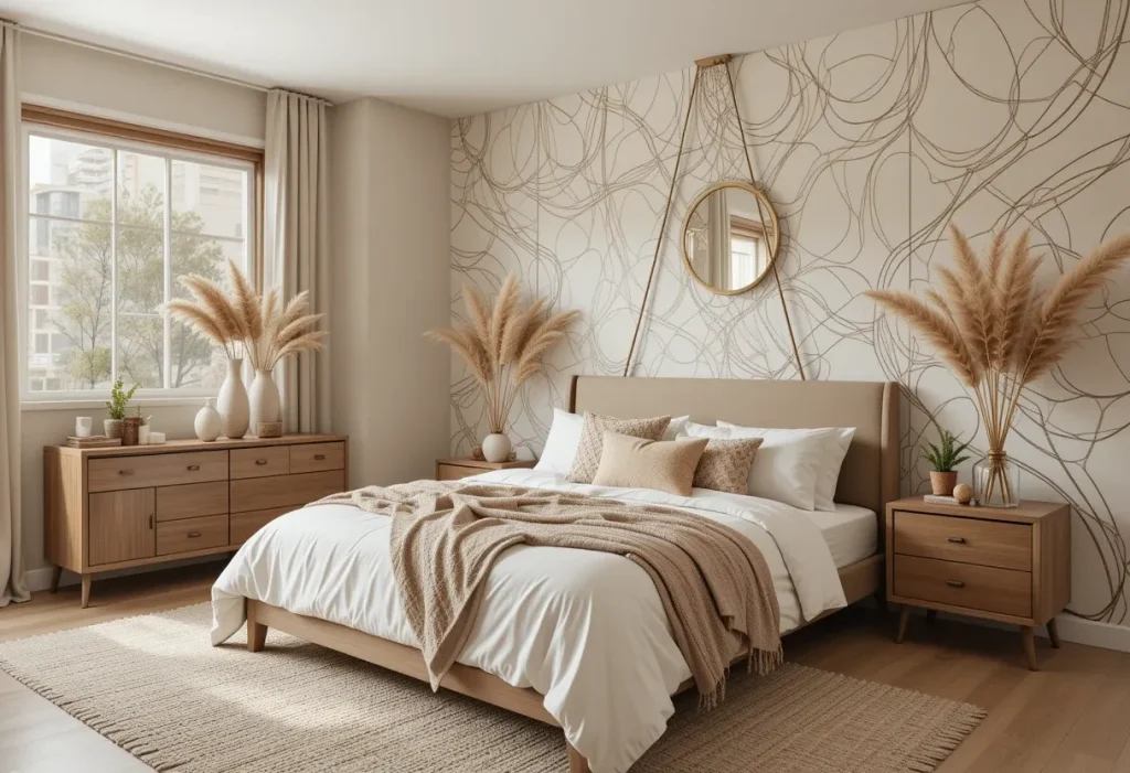 Bohemian bedroom with abstract face line art wallpaper, beige walls, and wooden furniture.