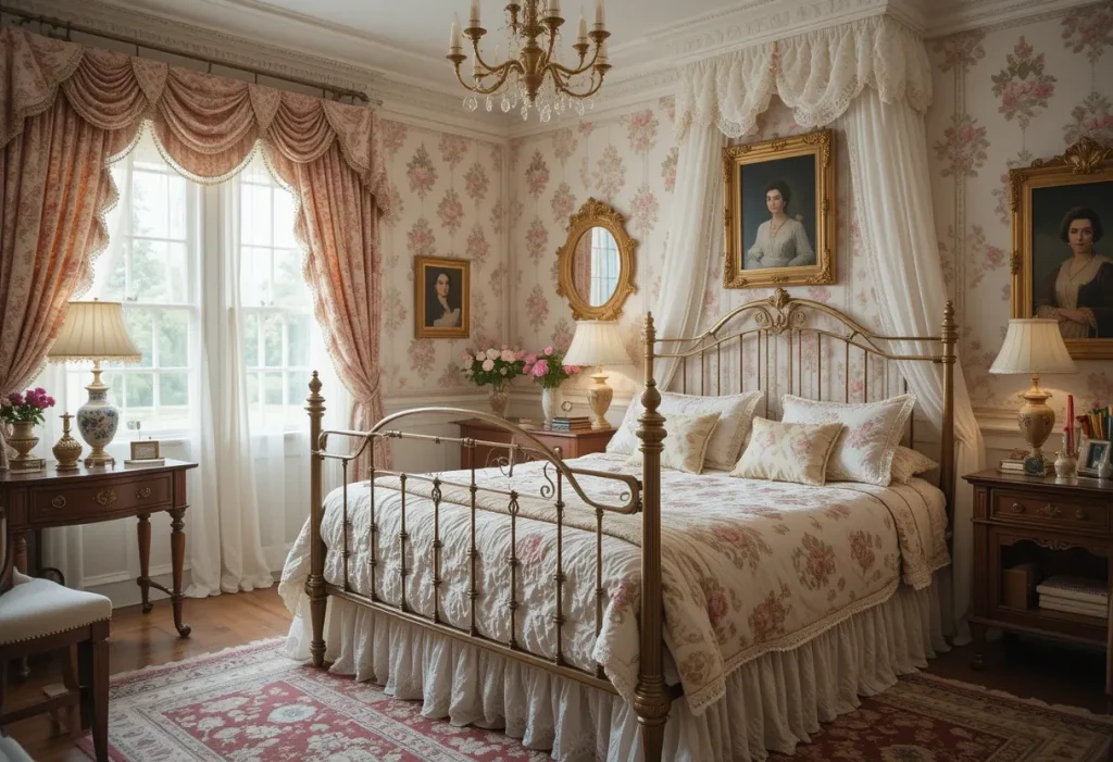 Vintage-style bedroom with antique brass bed, lace accents, and classic framed art.