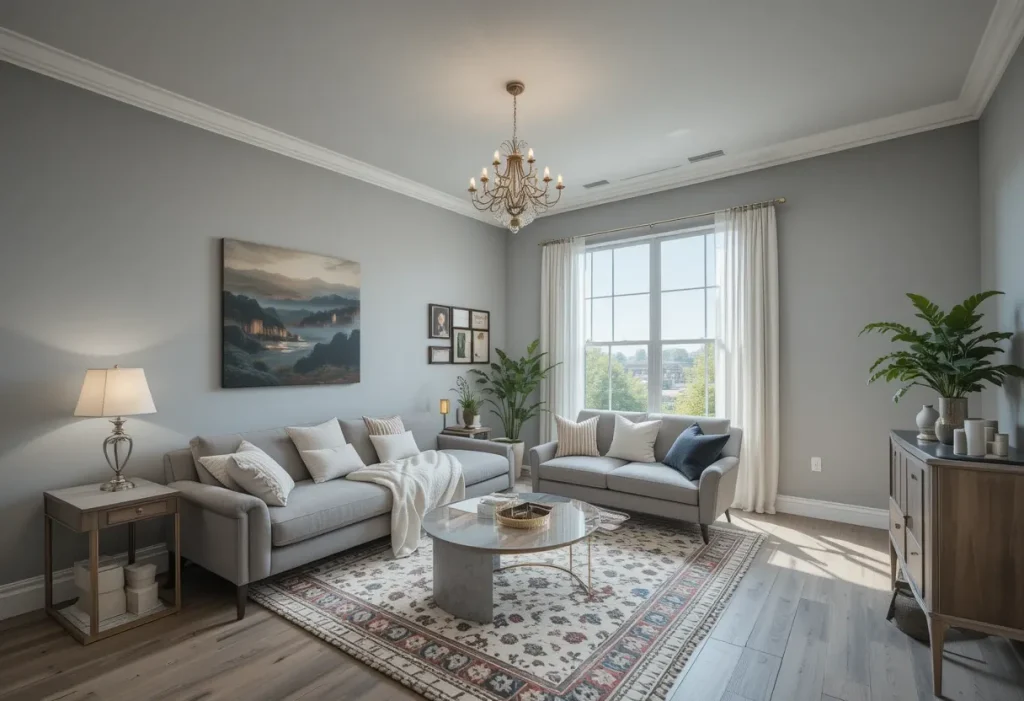 Grey ceiling bedroom with white walls and pendant lighting