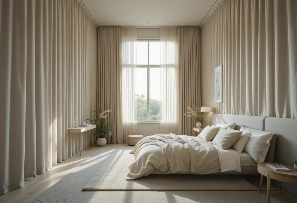 “Small bedroom with high and wide curtains making the room look taller.”