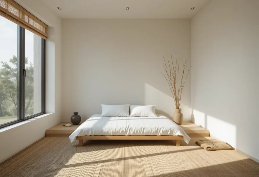 A serene bedroom with a futon, bamboo accents, natural lighting, and calming neutral colors.