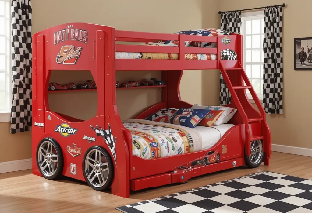 Red race car bunkbed with racing flag curtains and toy car shelf in a boy’s bedroom.