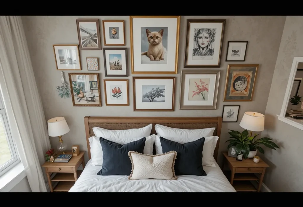 Gallery wall with framed prints above a small bed.