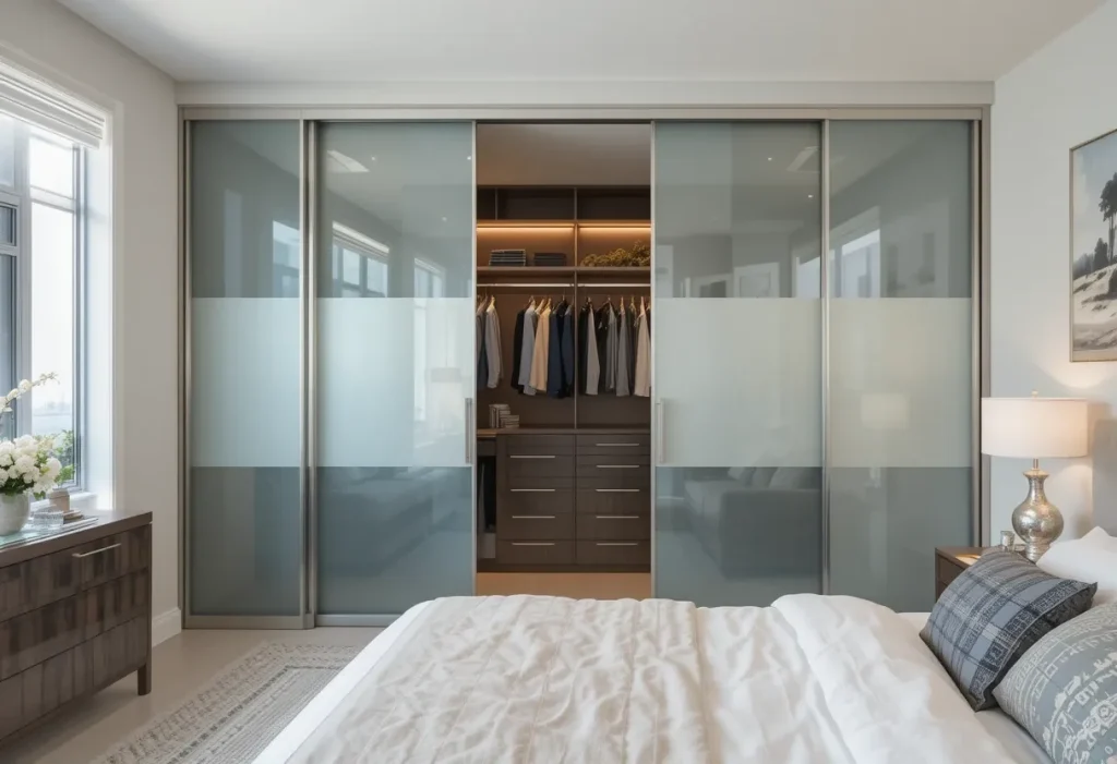 Frosted glass sliding closet doors reflecting light in a small, modern bedroom.