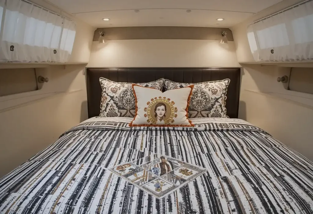 "Small bedroom with bold patterned bedding and simple, cozy decor."