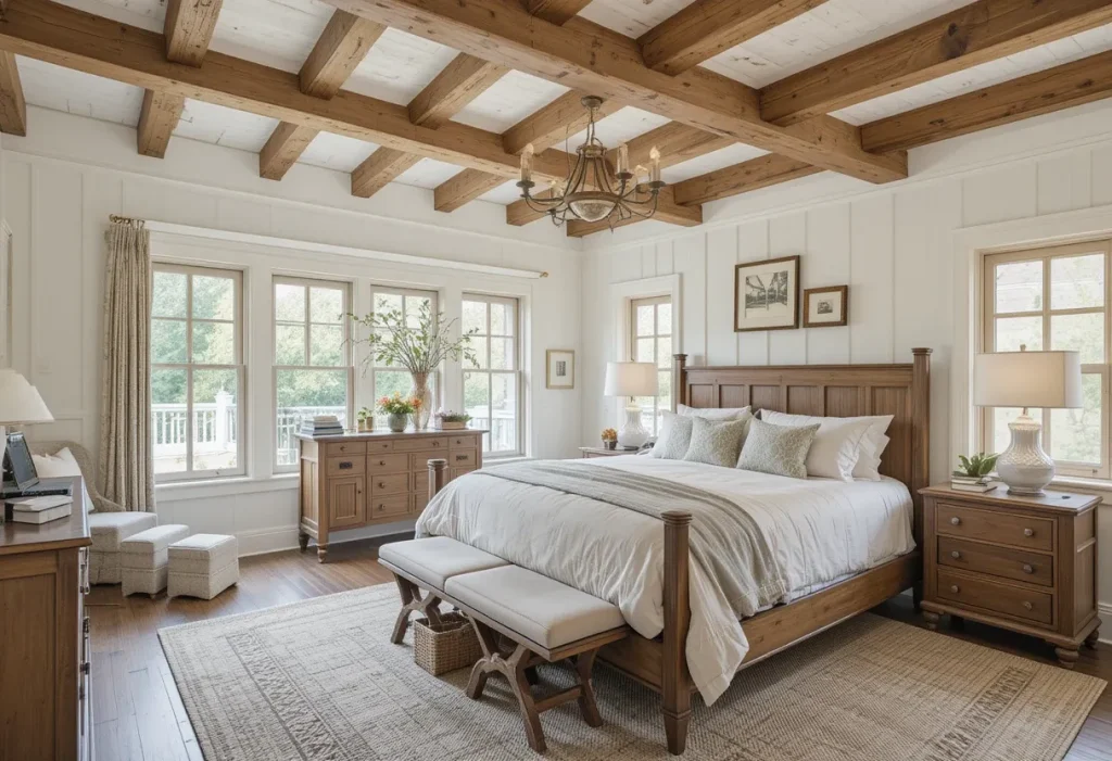Farmhouse bedroom with exposed wooden ceiling beams and bright white walls.