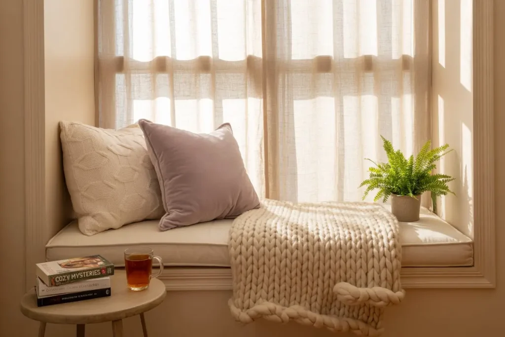 "Bedroom window seat with fluffy cushions and natural light, creating a cozy, inviting reading nook."