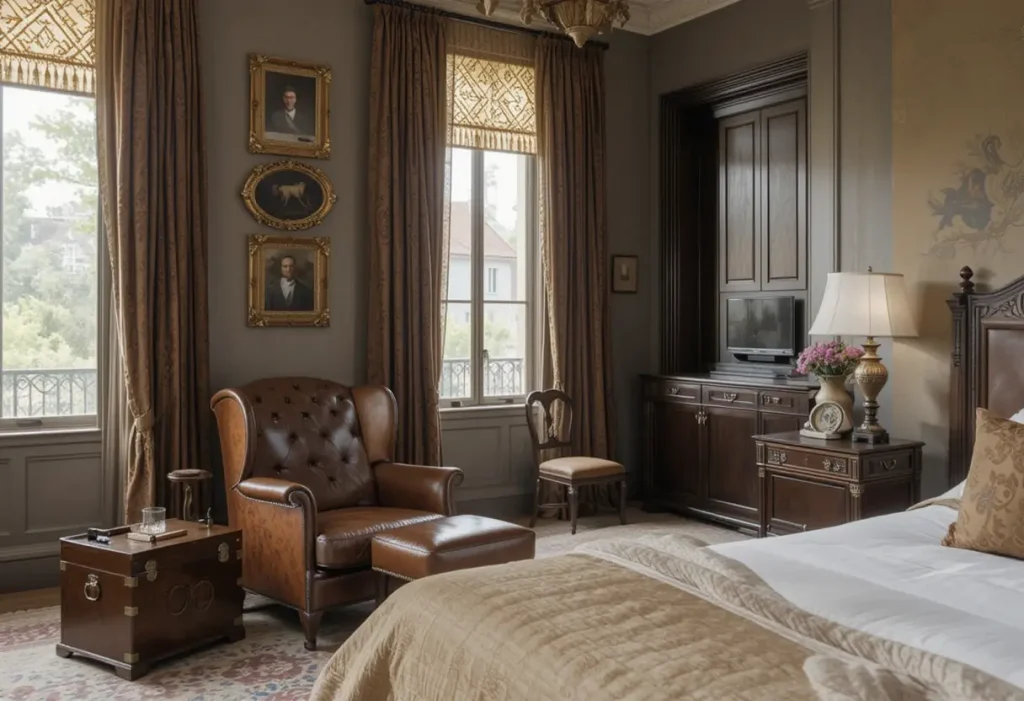 "Gentleman’s classic bedroom with leather accents and dark wood decor"