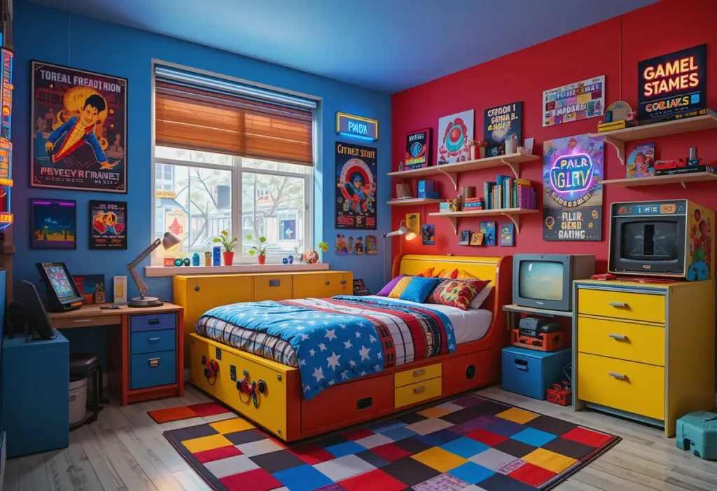 "Retro arcade-inspired boys’ bedroom with pixel wall art, neon signs, arcade-style bed, and bright nostalgic decor."