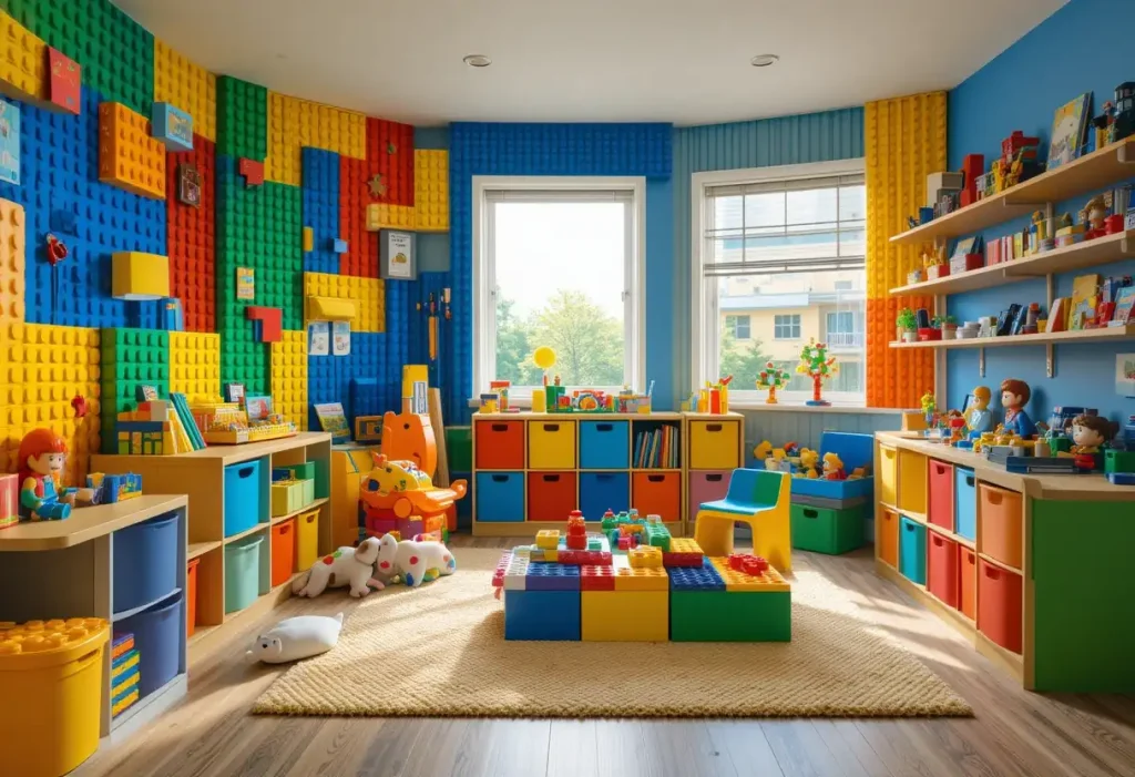 "Lego-themed toddler room bursting with color, block furniture, and bins filled with LEGO pieces."
