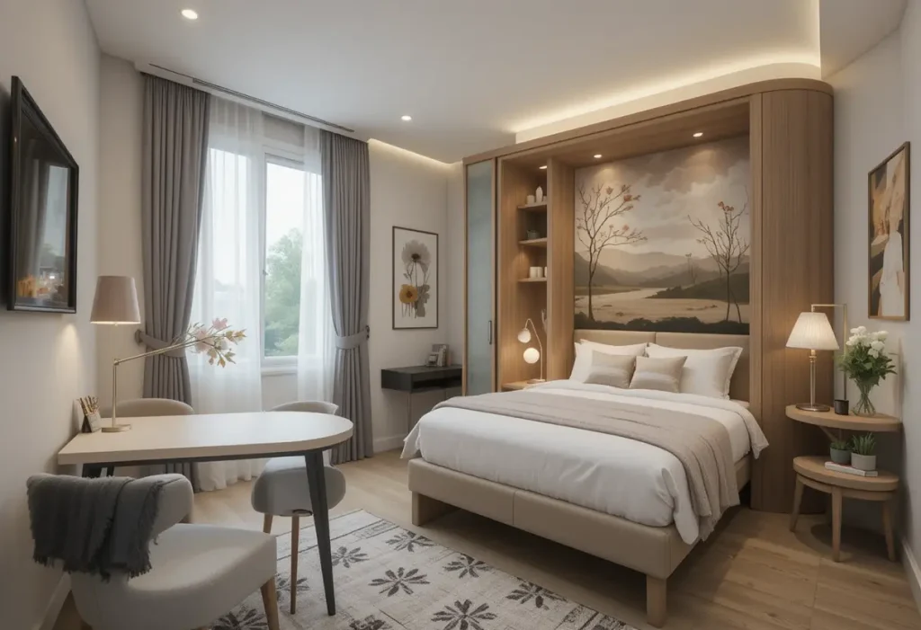 "Modern studio guest apartment with kitchenette, convertible bed, and functional compact design."