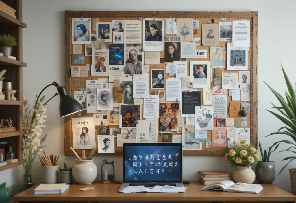 Compact, stylish study nook with a sleek desk, task lamp, and motivational wall art.