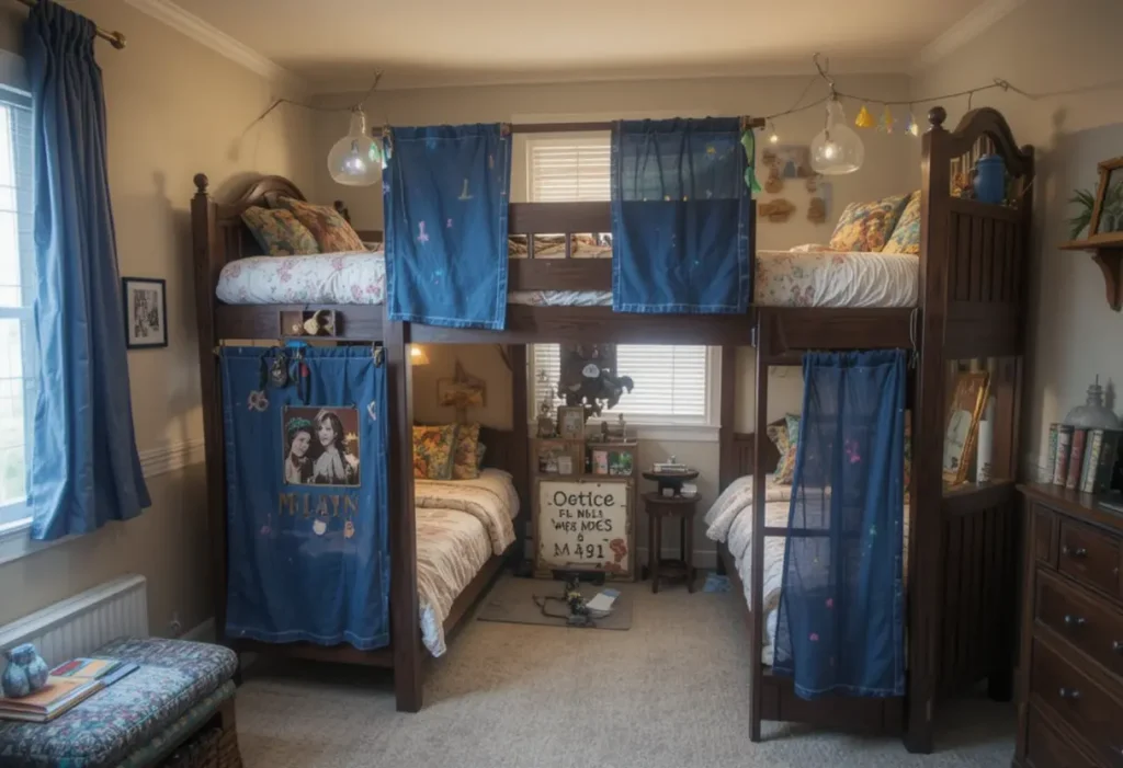 A cozy fort-style bunk bed with drapes, cushions, and a hidden play zone underneath.