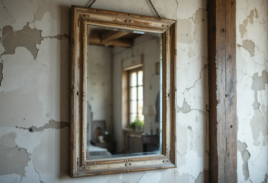 Antique mirror with a distressed frame hanging above a wooden dresser in a rustic bedroom.