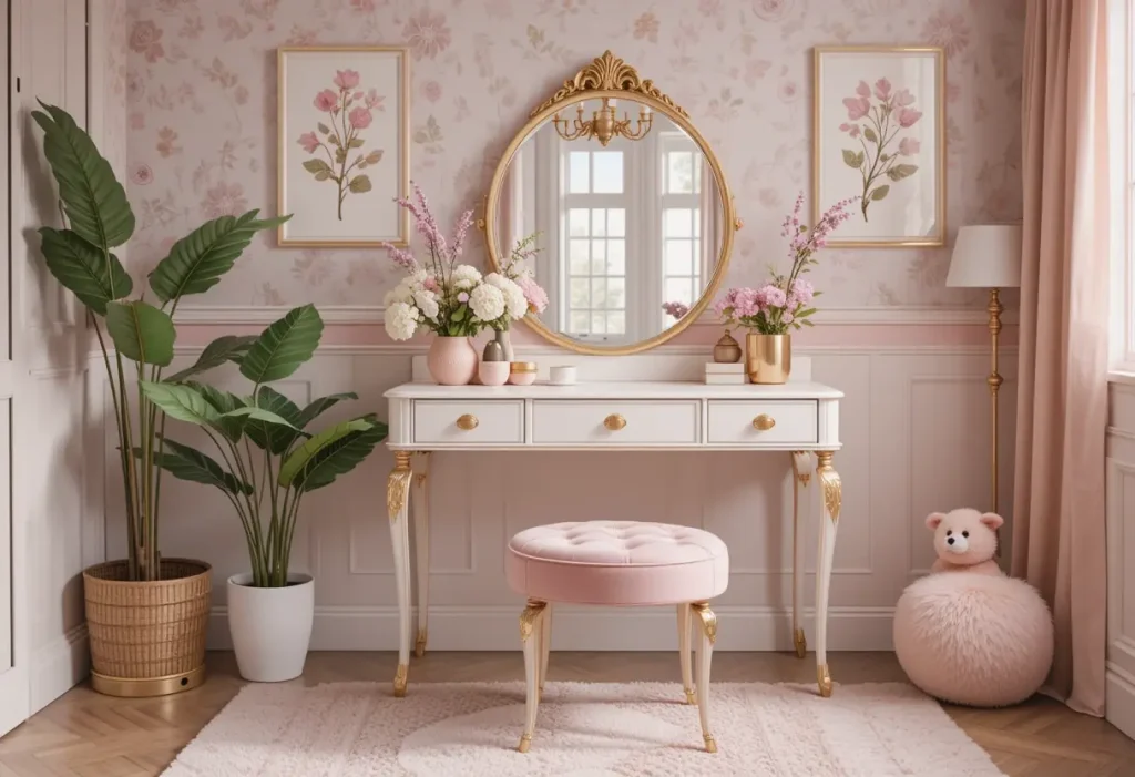 Pastel vanity setup with pink velvet stool, round mirror, and gold finishes.