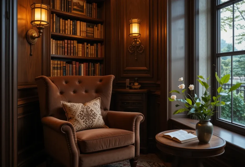Reading nook with velvet brown armchair, a small side table, and cozy throw blanket.