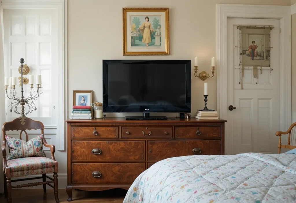 Flat-screen TV sitting atop a short brown dresser in a small cozy bedroom.