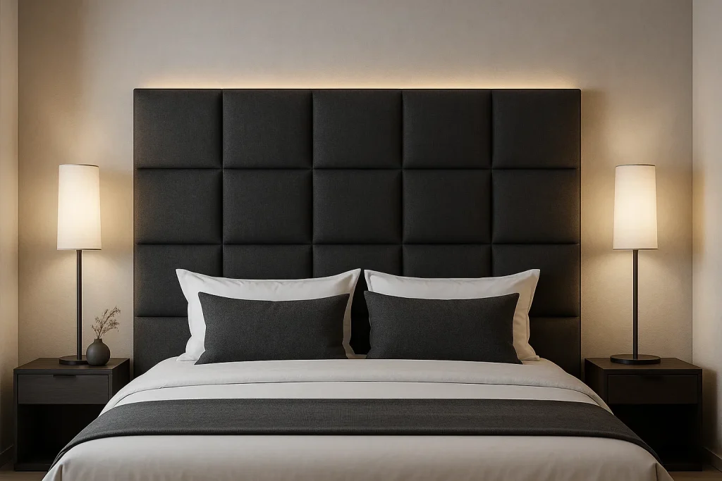 Oversized padded grey headboard in a modern bedroom with LED backlighting, tall lamps, and minimal bedding.