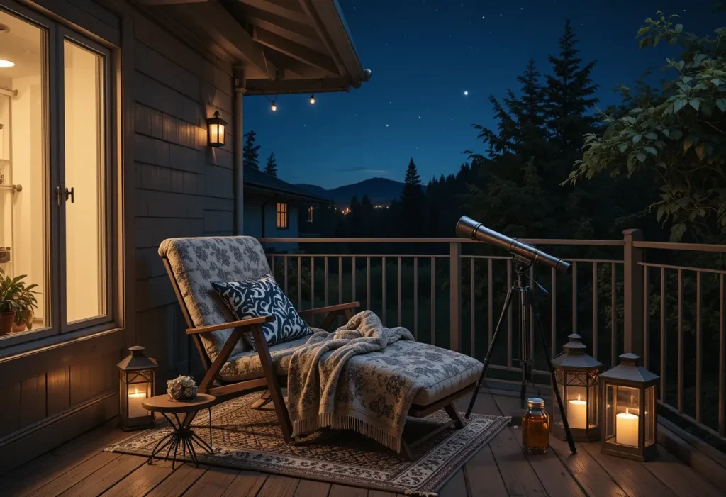 Nighttime balcony with a reclining chair, telescope, blanket, and dim lanterns under a starry sky.