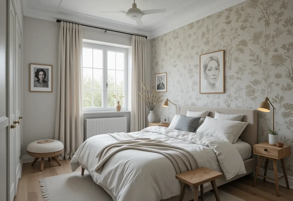 Scandinavian bedroom with soft neutral wallpaper, light wood tones, and minimalist styling.