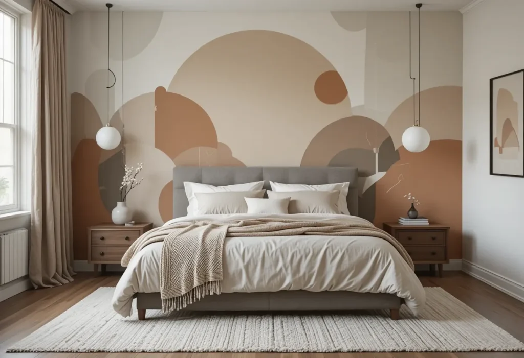  Bedroom wall behind the bed painted with abstract color-block shapes in earthy tones, no text.
