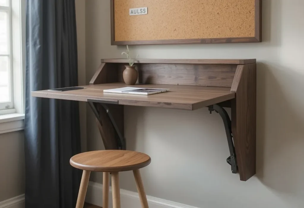 Wall-mounted folding desk with a slim stool, corkboard above, and a small workspace setup.