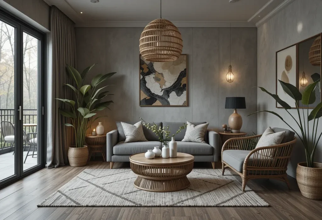 Grey and rattan bedroom with linen bedding and natural textures