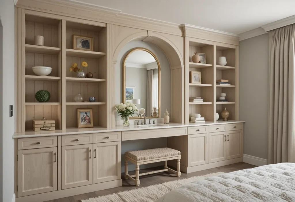 Custom bedroom vanity spanning the wall, light wood cabinets, shelving above, and boutique hotel style.