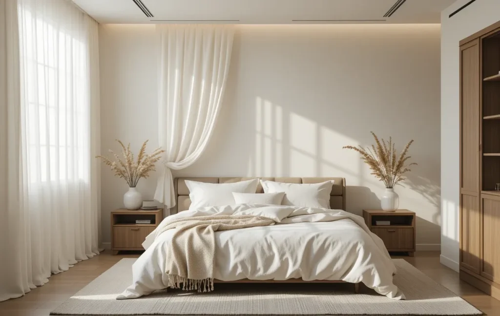 Stylish single-bed room with a sheer curtain draped across the back wall, diffusing light and adding softness.
